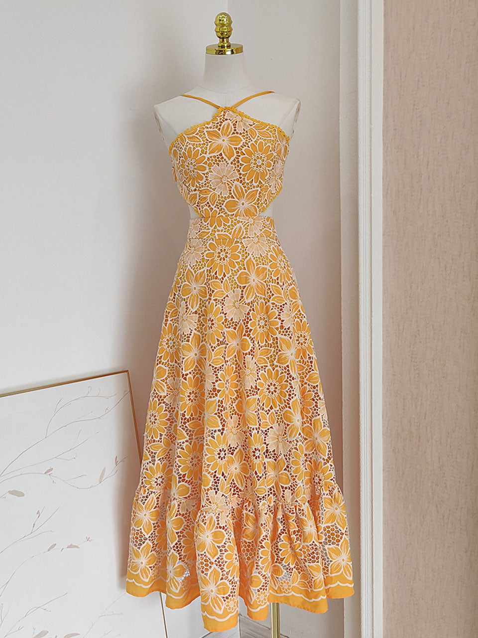 Yellow Lace Flower Halter Backless Swing Dress, Yellow / XS