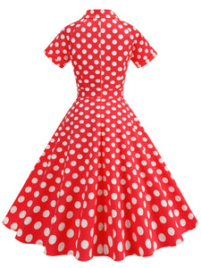 Red Polka Dots Turn Down Collar Short Sleeves 1950S Vintage Shirt Dress