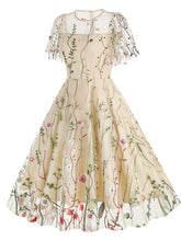 Load image into Gallery viewer, Wine Red Semi Mesh Flower Embroidered Short Sleeve 50S Swing Dress