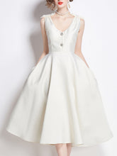 Load image into Gallery viewer, Rose Luxury Button V Neck High Waist Swing Party Dress With Pockets