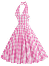Load image into Gallery viewer, Pink And White Plaid Halter Deep V Neck 1950S Vintage Dress With Belt