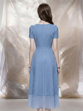 Load image into Gallery viewer, 1950s Retro Square Neck Blue Pinstripe Swing Dress with Sheer Mesh Hem