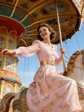 Load image into Gallery viewer, Gold Foil Butterfly Print Pink Vintage Square Neck Maxi Dress with Sheer Bubble Sleeves