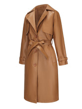 Load image into Gallery viewer, Women's Faux Leather Trench Coat | Long Caramel Tan PU Leather Windbreaker Jacket with Belt