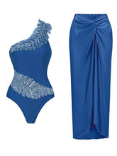 Load image into Gallery viewer, Royal Blue One Shoulder Beaded Feather One Piece Monokini with Draped Twist Sarong Maxi Skirt Swimsuit Set