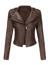 Load image into Gallery viewer, Women's Navy Blue Faux Leather Motorcycle Jacket | Slim Fit Asymmetrical Zip Moto Biker Coat