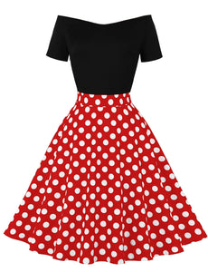 Off Shoulder Polka Dots 1950S Vintage Swing Dress With Button