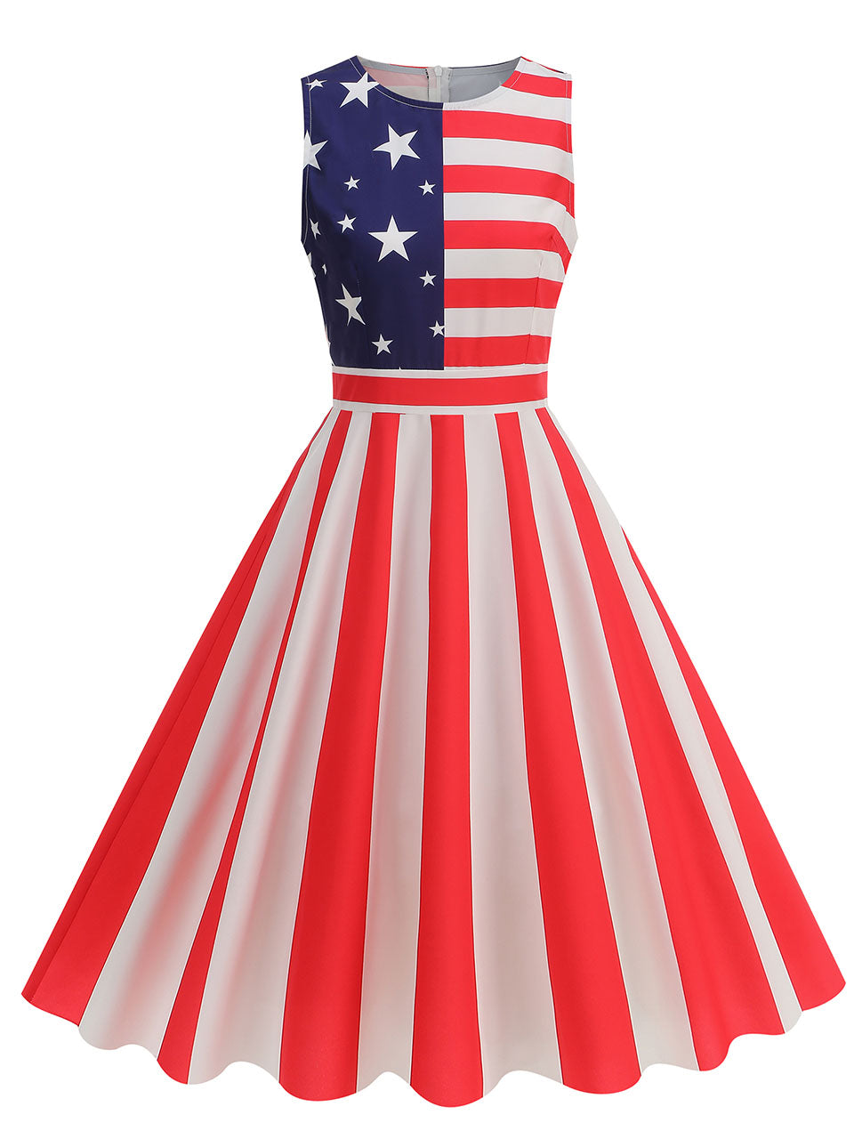 American Flag Stars Stripes Sleeveless 1950S Vintage Dress, Red / 2XL