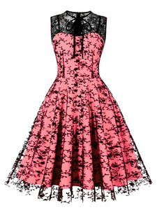 1950S Lace Semi-Sheer Flocking Printing Vintage Dress