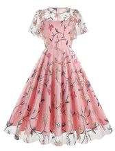 Load image into Gallery viewer, Lake Blue Semi Mesh Rose Embroidered Short Sleeve 50S Swing Dress