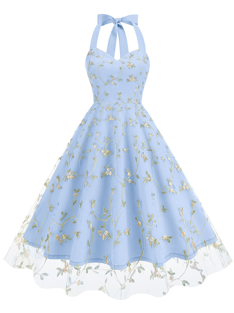 Purple Semi Mesh Rose Embroidered Sleeveless Halter Neck 50S Swing Dress, Baby Blue / XL Purple Semi Mesh Rose Embroidered Sleeveless Halter Neck 50S Swing Dress, Baby Blue / XL