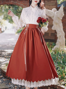 1950S Vintage Embroidered Puffed Sleeve Shirt And Swing Skirt Set