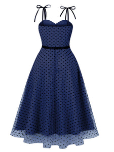 1950S Polka Dots Flocking Spaghetti Strap Vintage Swing Party Dress