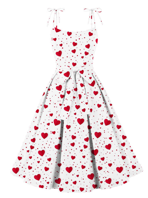 Sweet Love Heart Print  Spaghetti Strap 1950s Vintage Swing Dress