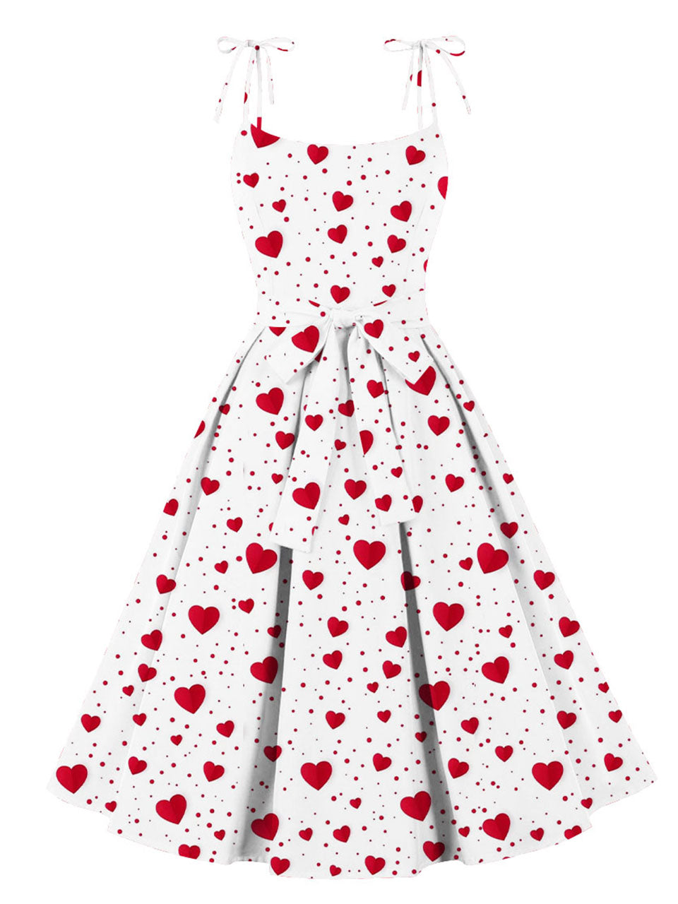 Sweet Love Heart Print  Spaghetti Strap 1950s Vintage Swing Dress