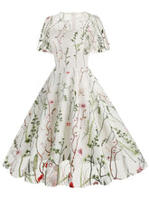 Load image into Gallery viewer, Wine Red Semi Mesh Flower Embroidered Short Sleeve 50S Swing Dress
