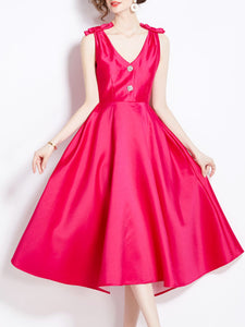 Rose Luxury Button V Neck High Waist Swing Party Dress With Pockets