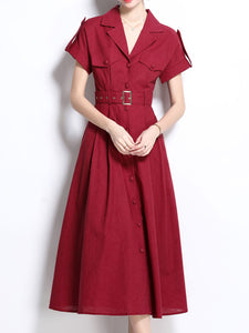 1940S Lapel Shirt Cotton Dress with Pockets