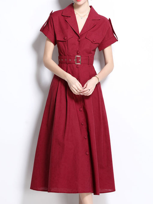 1940S Lapel Shirt Cotton Dress with Pockets