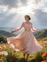 Load image into Gallery viewer, Gold Foil Butterfly Print Pink Vintage Square Neck Maxi Dress with Sheer Bubble Sleeves