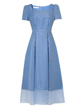 Load image into Gallery viewer, 1950s Retro Square Neck Blue Pinstripe Swing Dress with Sheer Mesh Hem