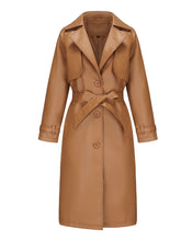 Load image into Gallery viewer, Women's Faux Leather Trench Coat | Long Caramel Tan PU Leather Windbreaker Jacket with Belt