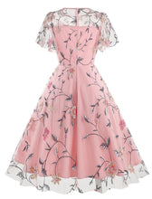 Load image into Gallery viewer, Lake Blue Semi Mesh Rose Embroidered Short Sleeve 50S Swing Dress