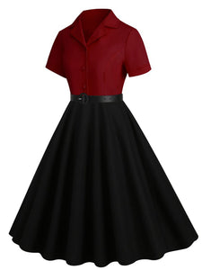 Wine Red Solid Color 1950S Vintage Shirt Swing Dress