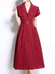 1940S Lapel Shirt Cotton Dress with Pockets