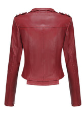 Load image into Gallery viewer, Women's Navy Blue Faux Leather Motorcycle Jacket | Slim Fit Asymmetrical Zip Moto Biker Coat
