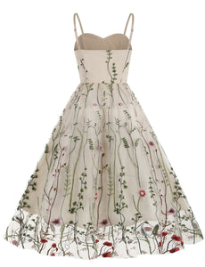 Wine Red Semi Mesh Flower Embroidered Spaghetti Strap Sleeveless 50S Swing Dress