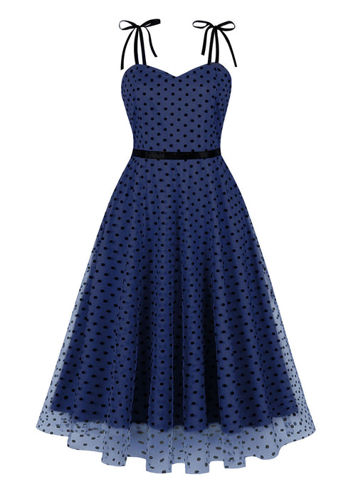 1950S Polka Dots Flocking Spaghetti Strap Vintage Swing Party Dress