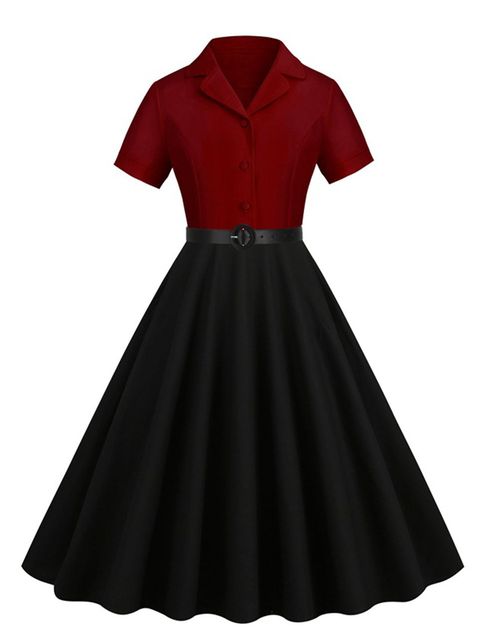 Wine Red Solid Color 1950S Vintage Shirt Swing Dress