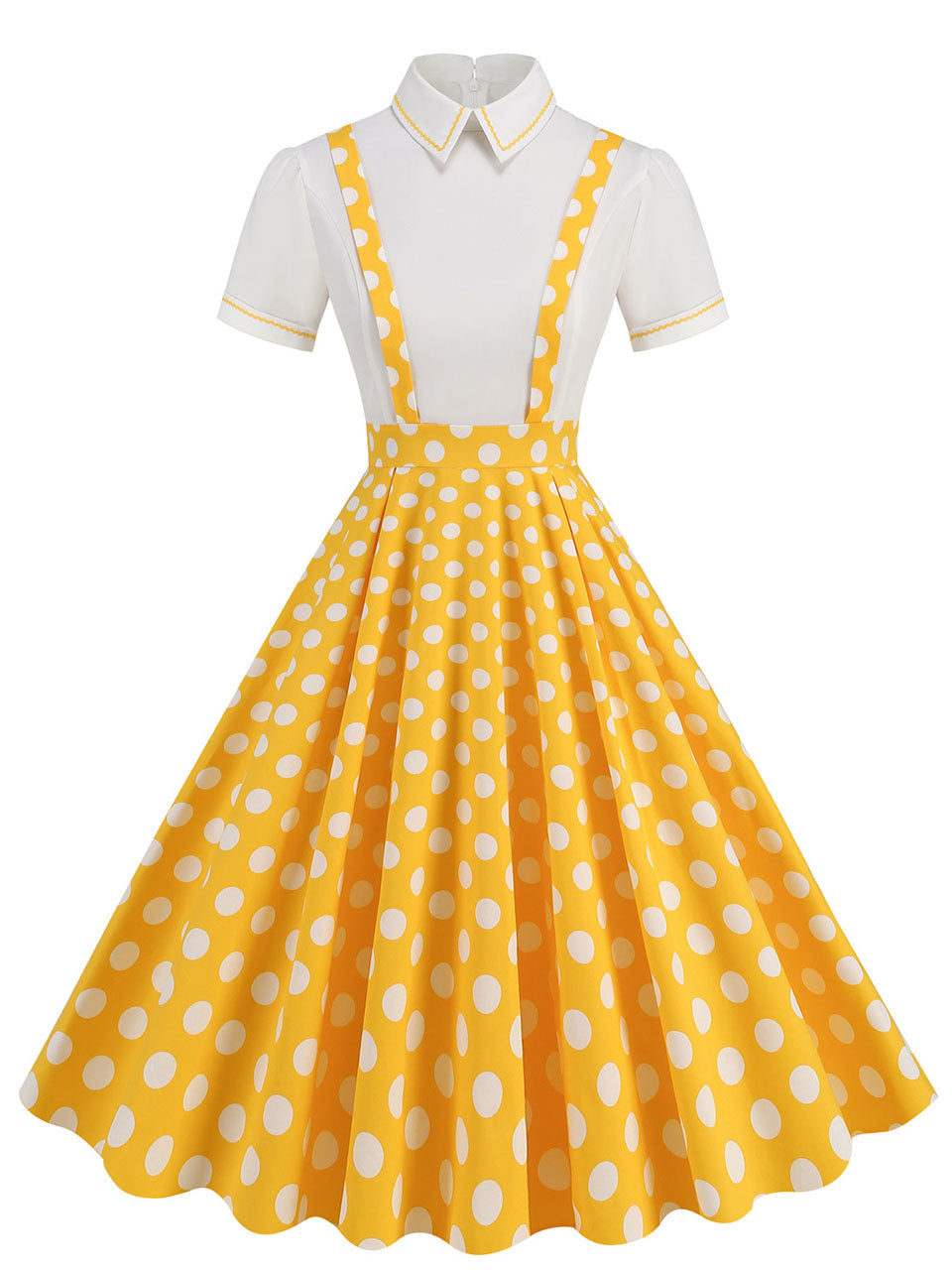 Yellow Polka Dots High Waist Audrey Hepburn Style Cocktail Suspender Swing Dress, Yellow / 2XL Yellow Polka Dots High Waist Audrey Hepburn Style Cocktail Suspender Swing Dress, Yellow / 2XL