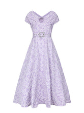 Load image into Gallery viewer, Lavender 3D Rose Vintage Pleated V-Neck Swing Dress