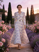 Load image into Gallery viewer, Purple Floral Print Vintage 3/4 Sleeve Dress with Bow Belt