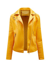 Load image into Gallery viewer, Women's Yellow PU Leather Motorcycle Coat with Zipper Pockets Moto Biker Jacket