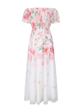 Load image into Gallery viewer, Women's Purple Off-Shoulder Chiffon Dress with Ruffle Trim and Side Slit