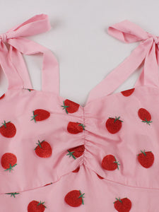 Pink Strawberry Embroidered 1950s Vintage Swing Dress
