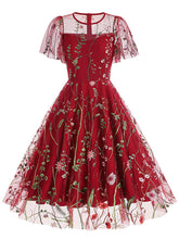 Load image into Gallery viewer, Wine Red Semi Mesh Flower Embroidered Short Sleeve 50S Swing Dress