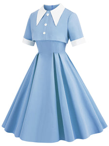 2PS Baby Blue Peaked Collar Short Sleeve 1950S Coat With Strap Vintage Dress Inspired By Mrs. Maisel