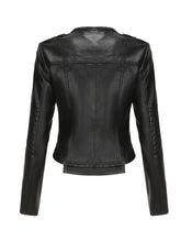 Load image into Gallery viewer, Women's Navy Blue Faux Leather Motorcycle Jacket | Slim Fit Asymmetrical Zip Moto Biker Coat