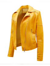 Load image into Gallery viewer, Women's Yellow PU Leather Motorcycle Coat with Zipper Pockets Moto Biker Jacket