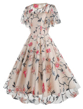 Load image into Gallery viewer, Lake Blue Semi Mesh Rose Embroidered Short Sleeve 50S Swing Dress