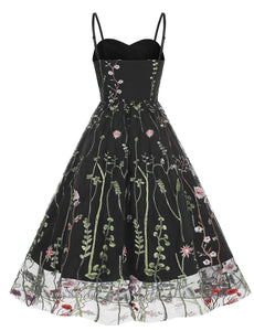 Wine Red Semi Mesh Flower Embroidered Spaghetti Strap Sleeveless 50S Swing Dress