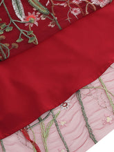 Load image into Gallery viewer, Wine Red Semi Mesh Flower Embroidered Short Sleeve 50S Swing Dress