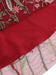 Wine Red Semi Mesh Flower Embroidered Short Sleeve 50S Swing Dress