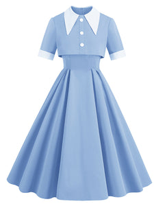2PS Baby Blue Peaked Collar Short Sleeve 1950S Coat With Strap Vintage Dress Inspired By Mrs. Maisel