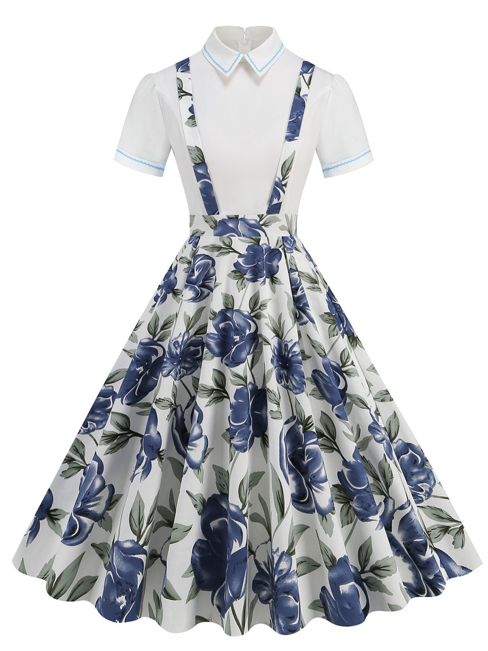 Navy Floral Print High Waist Audrey Hepburn Style Cocktail Suspender Swing Dress, Navy / 2XL