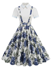 Load image into Gallery viewer, Navy Floral Print High Waist Audrey Hepburn Style Cocktail Suspender Swing Dress